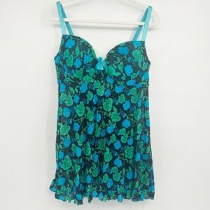 Torrid Womens Y2K Babydoll Chemise Dress Floral Skull Mesh Teal Blue Size 1X